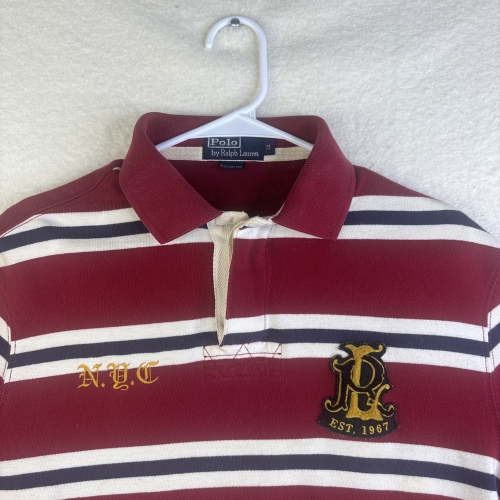 Polo Ralph Lauren Rugby Polo Striped NYC Crest #7 Patch M Vtg Rare Red White - Picture 4 of 12